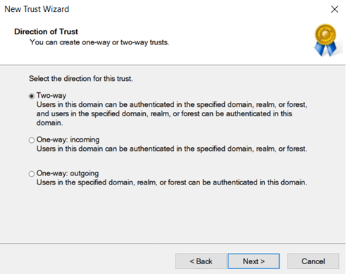 Screenshot of Active Directory Domains and Trusts console showing how to select a two-way direction for the trust.