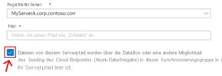 An Azure portal section of the create server endpoint wizard is shown. A checkbox is highlighted that corresponds to the scenario of seeding the Azure file share with data. Check this box if you connect AFS to the same on-prem location from where you copied onto Data Box before.