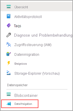 Screenshot des Speicherkontos mit ausgewählter Option „Dateifreigaben“.