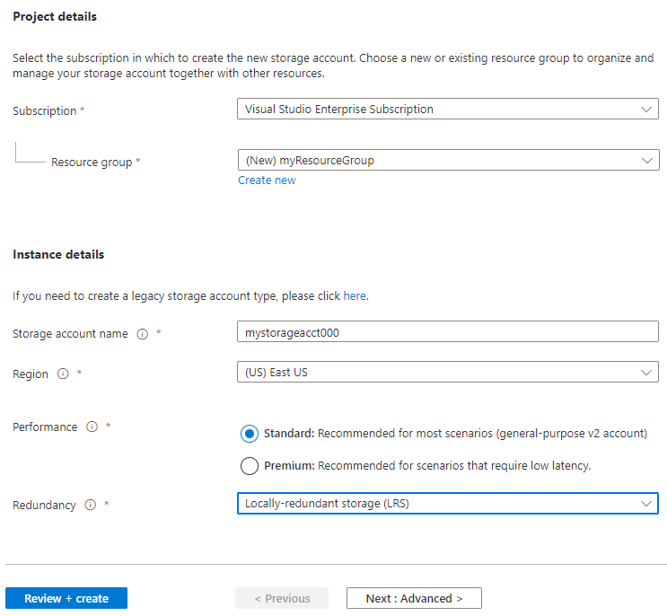 Screenshot: So geben Sie die Projekt- und Instanzdetails für ein Speicherkonto über das Azure-Portal ein.