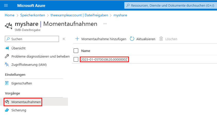 Screenshot, der zeigt, wie ein Snapshot-Name und ein Zeitstempel einer Dateifreigabe im Azure-Portal gefunden werden können.