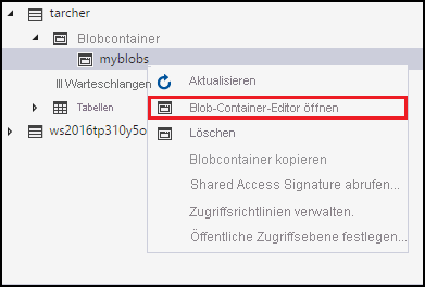 Open blob container editor context menu