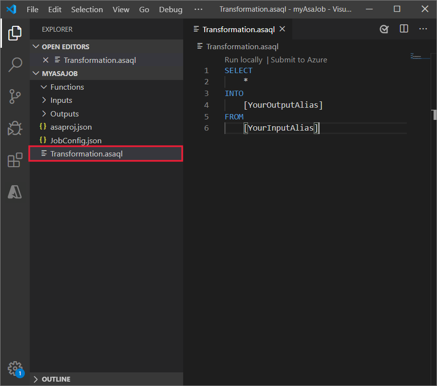 Datei „Transformation.asaql“ in Visual Studio Code