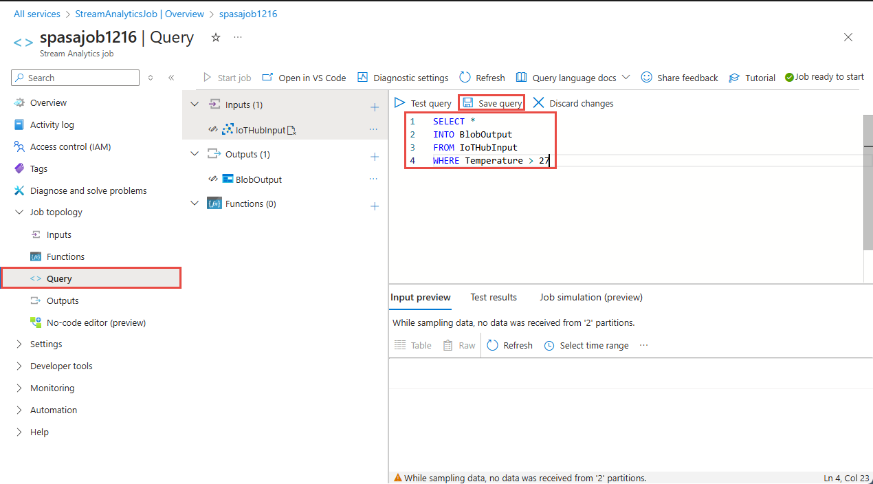 Screenshot showing the **Query** page with the sample query.