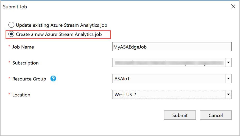 Übermitteln des Stream Analytics-Auftrags an Azure aus Visual Studio