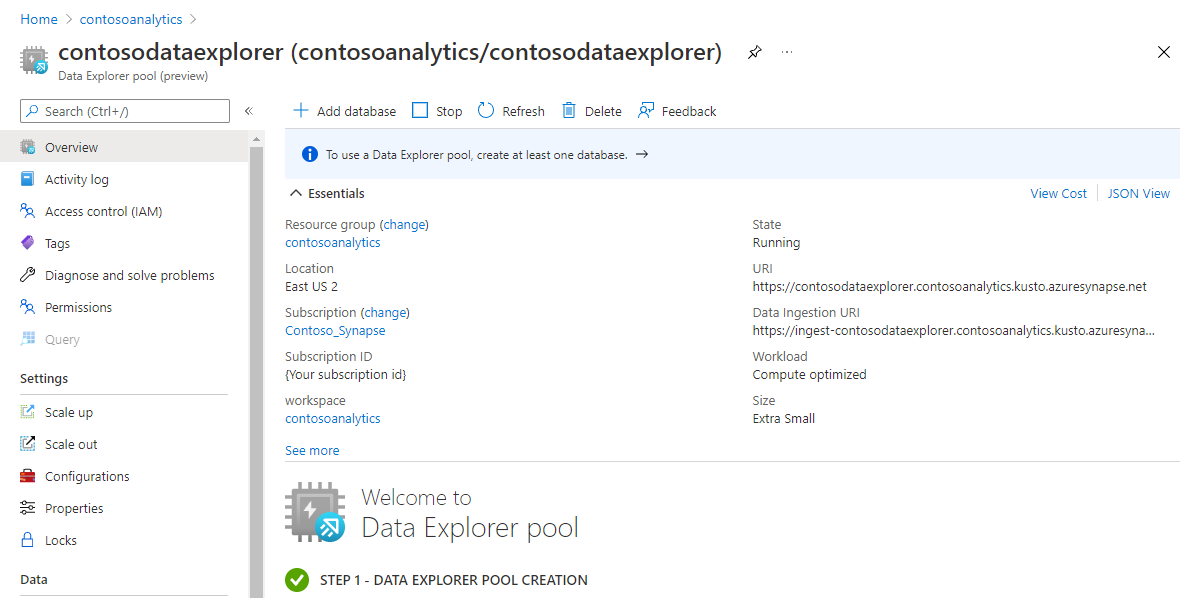 Liste mit neuem Data Explorer-Pool im Azure-Portal
