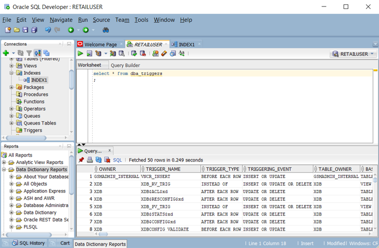 Der Screenshot zeigt, wie eine Liste von Triggern in Oracle SQL Developer abgefragt wird.