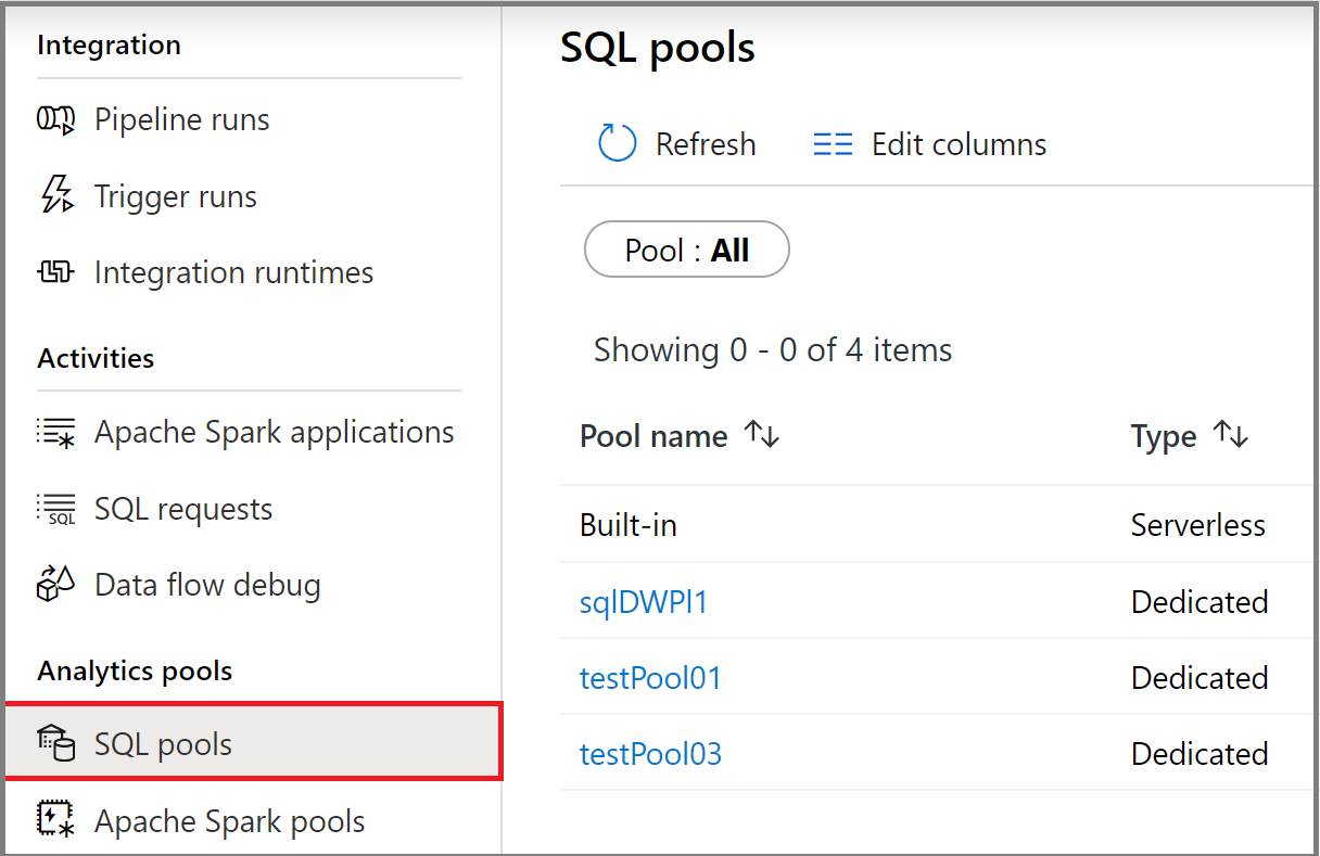 Auswählen von „SQL-Pools“
