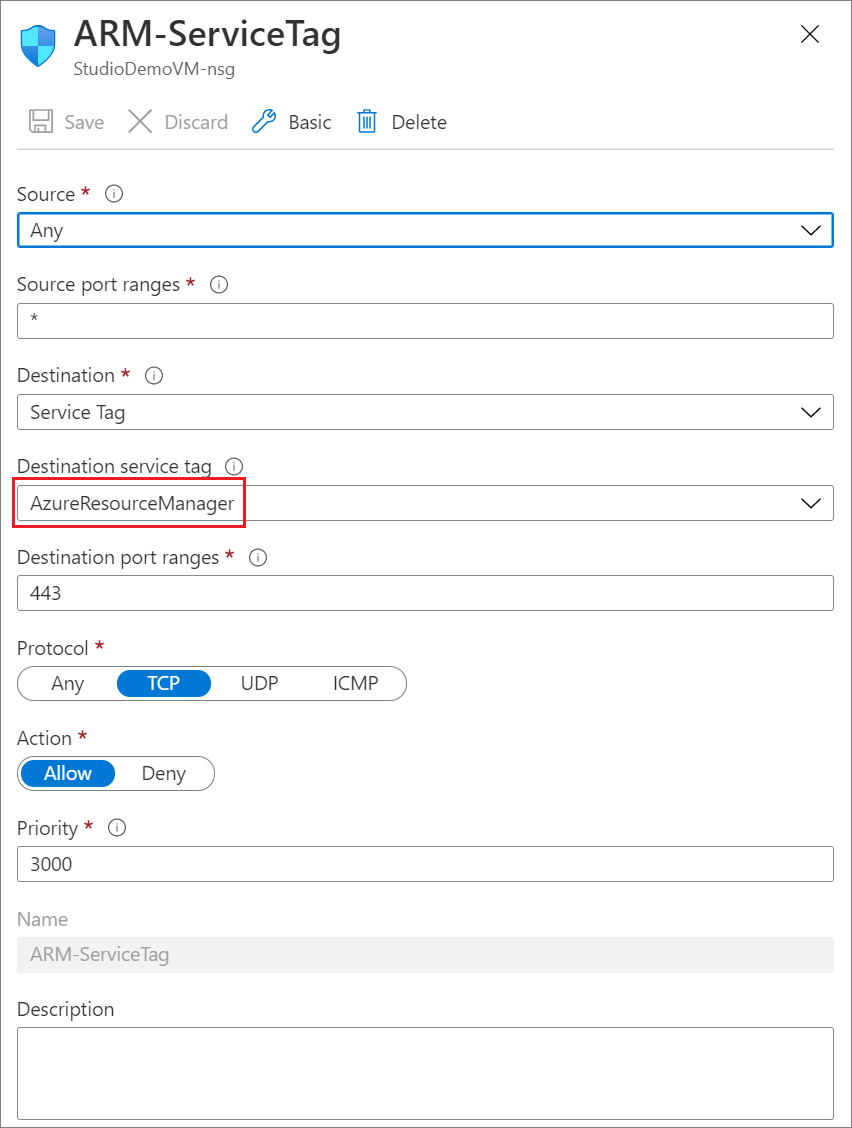 Screenshot der Azure Resource Manager-Diensttagdetails.