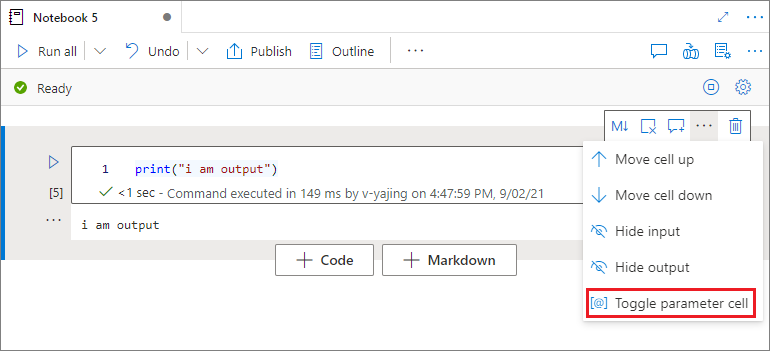 Ein Screenshot, der das „Umschalten von Parametern“ in Azure Notebook zeigt