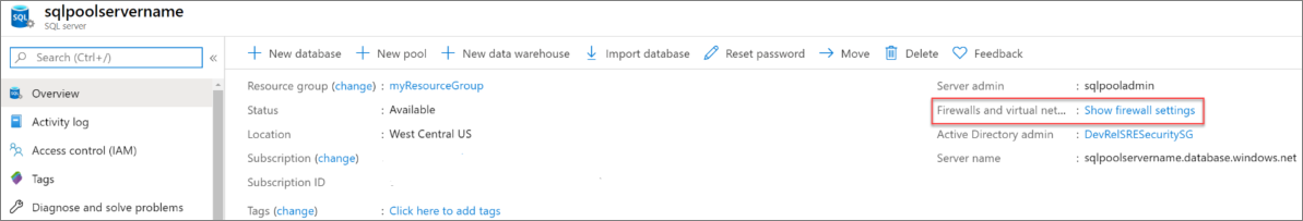 Screenshot des Azure-Portal mit Servereinstellungen und „Firewalleinstellungen anzeigen“