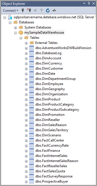 Screenshot des Objekt-Explorers von SQL Server Management Studio mit Datenbankobjekten.