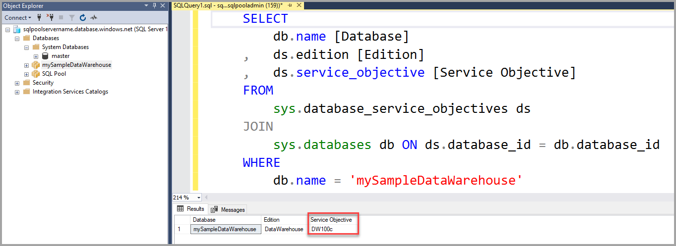 Screenshot der Ergebnisse in SQL Server Management Studio mit der aktuellen DWU in der Spalte mit dem Dienstziel.