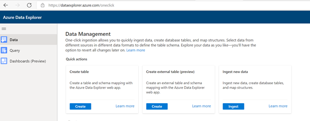 Screenshot der Landing Page von Azure Data Explorer