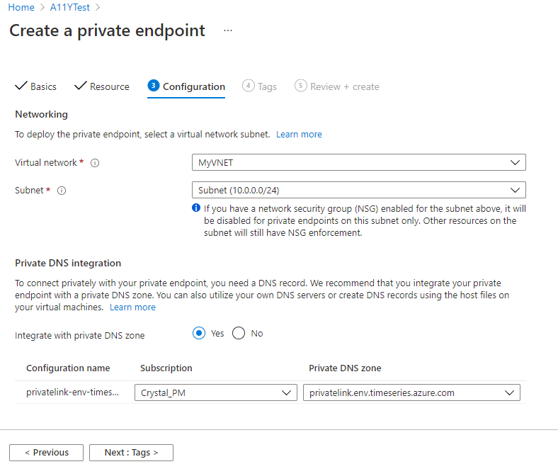 Screenshot of the Azure portal showing the third (Configuration) tab of the Create a private endpoint dialog. It contains the fields described above.