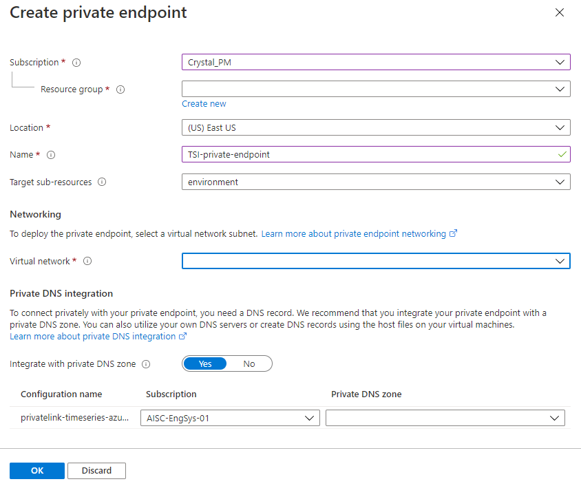 Screenshot of the Azure portal showing the Create private endpoint page. It contains the fields described below.