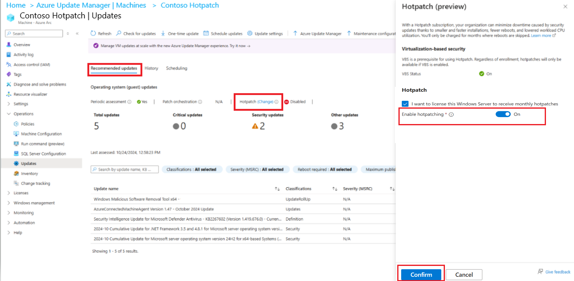 Screenshot: Verwalten von Hotpatchingupdates auf einer einzelnen VM