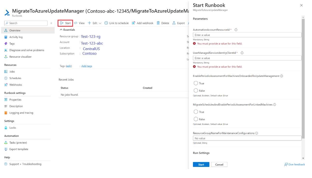 Screenshot, der zeigt, wie Sie Runbook starten, damit die Parameter an das Runbook übergeben werden können.