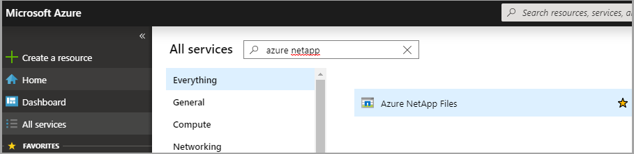 Ein Screenshot eines Benutzers, der „Azure NetApp Files“ in das Suchfeld „Alle Dienste“ eingibt. Die Suchergebnisse zeigen die Azure NetApp Files-Ressource.