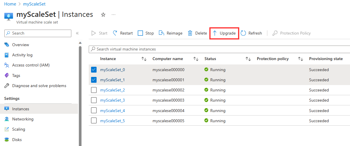 Screenshot showing how to perform manual upgrades using the Azure portal.