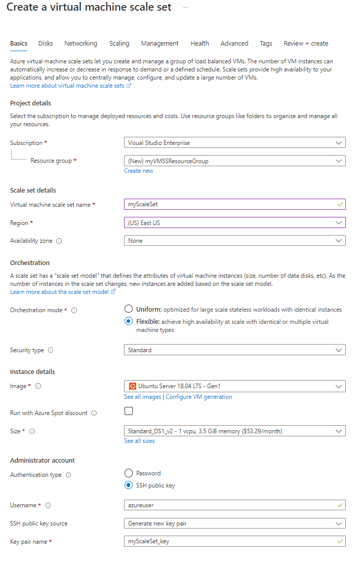 Screenshot: Registerkarte „Grundlagen“ im Azure-Portal während des Erstellungsprozesses für eine VM-Skalierungsgruppe.