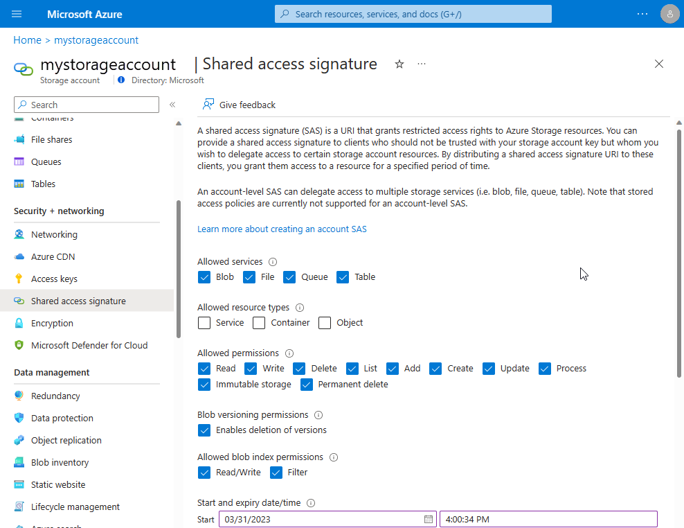 Screenshot der Shared Access Signature-Seite mit der Schaltfläche „SAS generieren“.