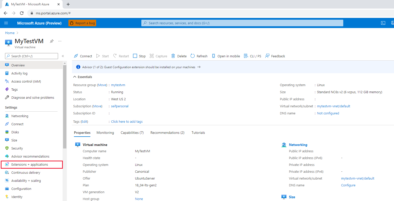 Screenshot that shows selecting Extensions in the Azure portal menu.