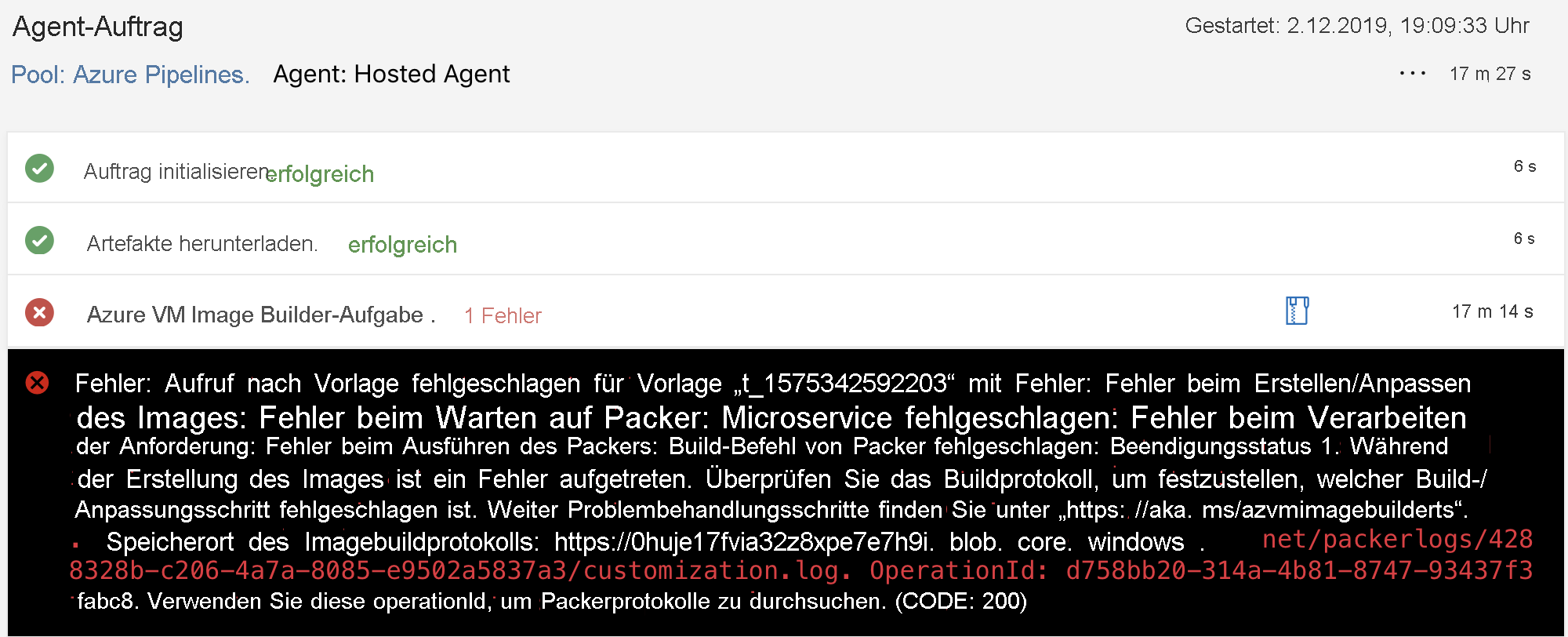 Screenshot: Beispiel für einen Fehler des DevOps-Tasks mit Beschreibung des Fehlers und Angabe des Speicherorts der Datei „customization.log“.
