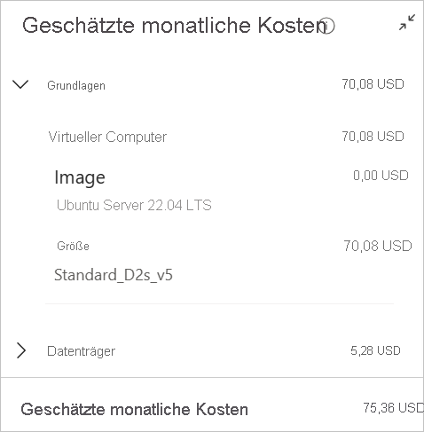 Screenshot of Linux virtual machine estimated cost on creation page in the Azure portal.