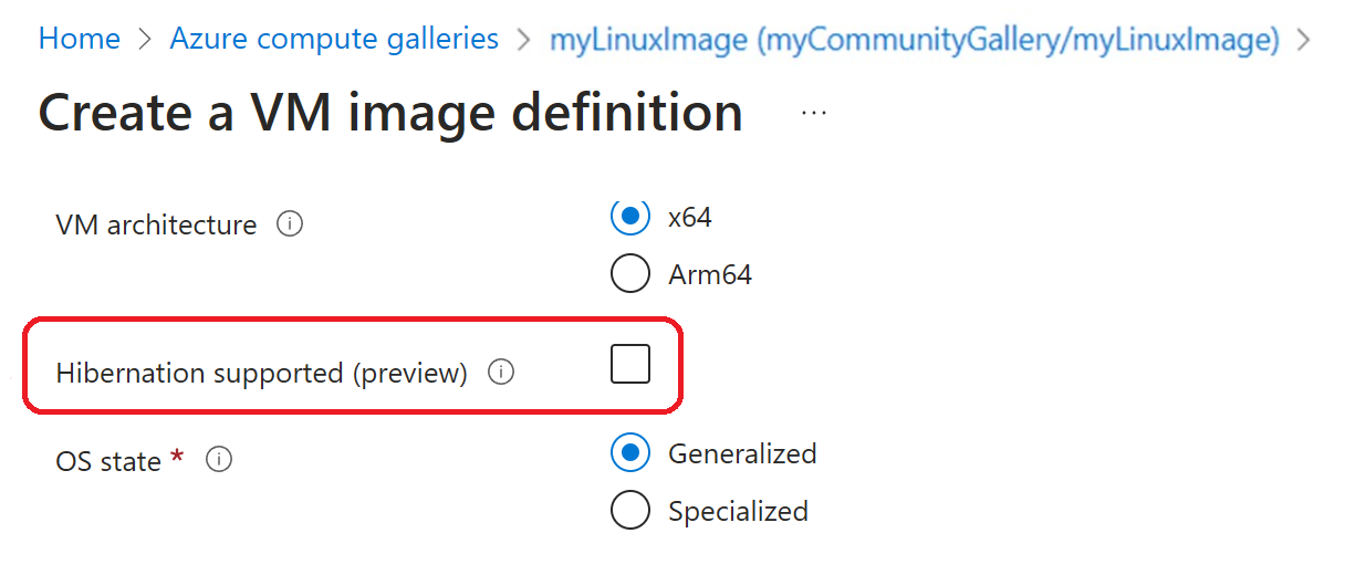 Screenshot der Option zum Aktivieren des Ruhezustands im Azure-Portal beim Erstellen einer VM-Imagedefinition.