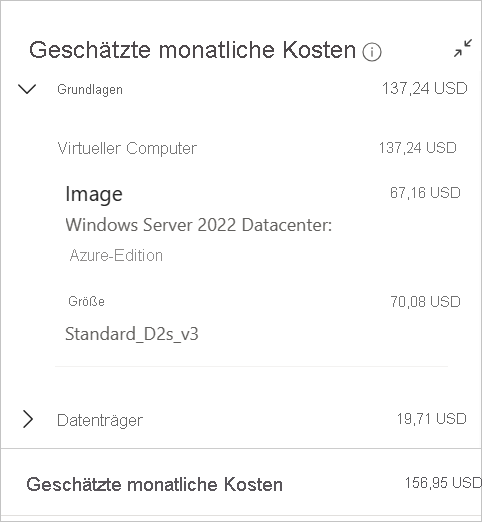 Screenshot of virtual machines estimated costs on creation page in the Azure portal.