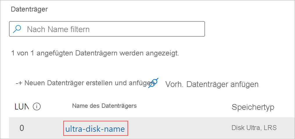 Screenshot des Datenträgerblatts Ihrer VM mit hervorgehobenem Disk Ultra-Datenträger.