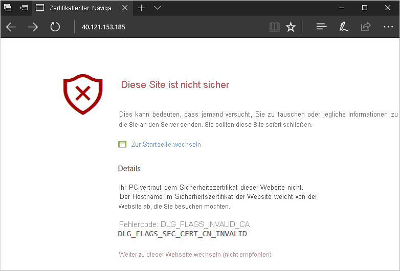 Screenshot der Sicherheitswarnung des Webbrowsers.