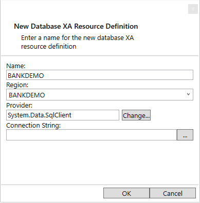 Bildschirm für neue XA-Ressourcendefinition für Datenbank