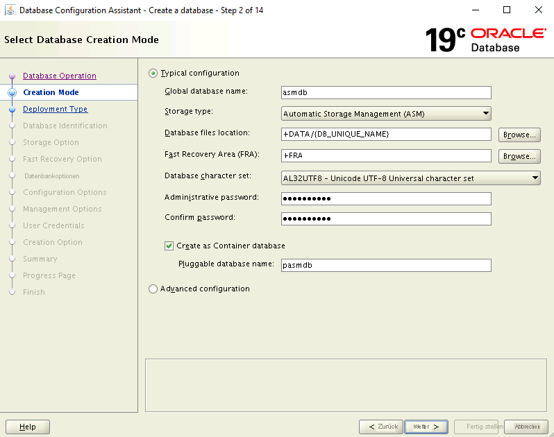 Screenshot of the Database Creation page.