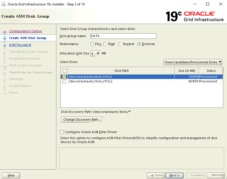 Screenshot of the installer's Create ASM Disk Group page.