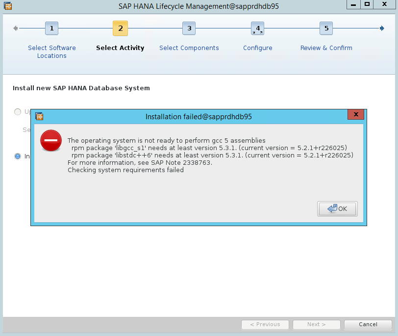 Screenshot: Fehlermeldung, dass das Betriebssystem nicht bereit ist, gcc5-Assemblys auszuführen.