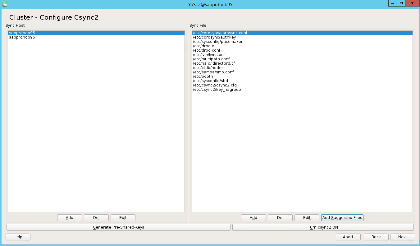 Screenshot: Fenster zur Clusterkonfiguration mit den Listen der zu synchronisierenden Hosts und Dateien.