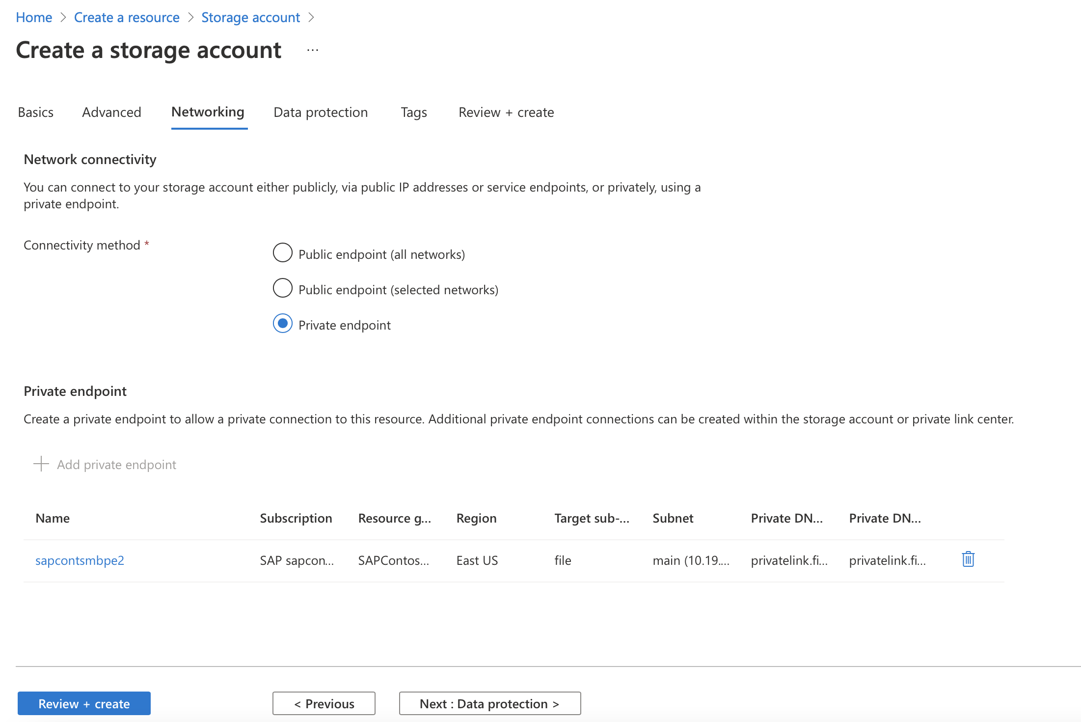 Screenshot of the Azure portal that shows networking information for creating a storage account.