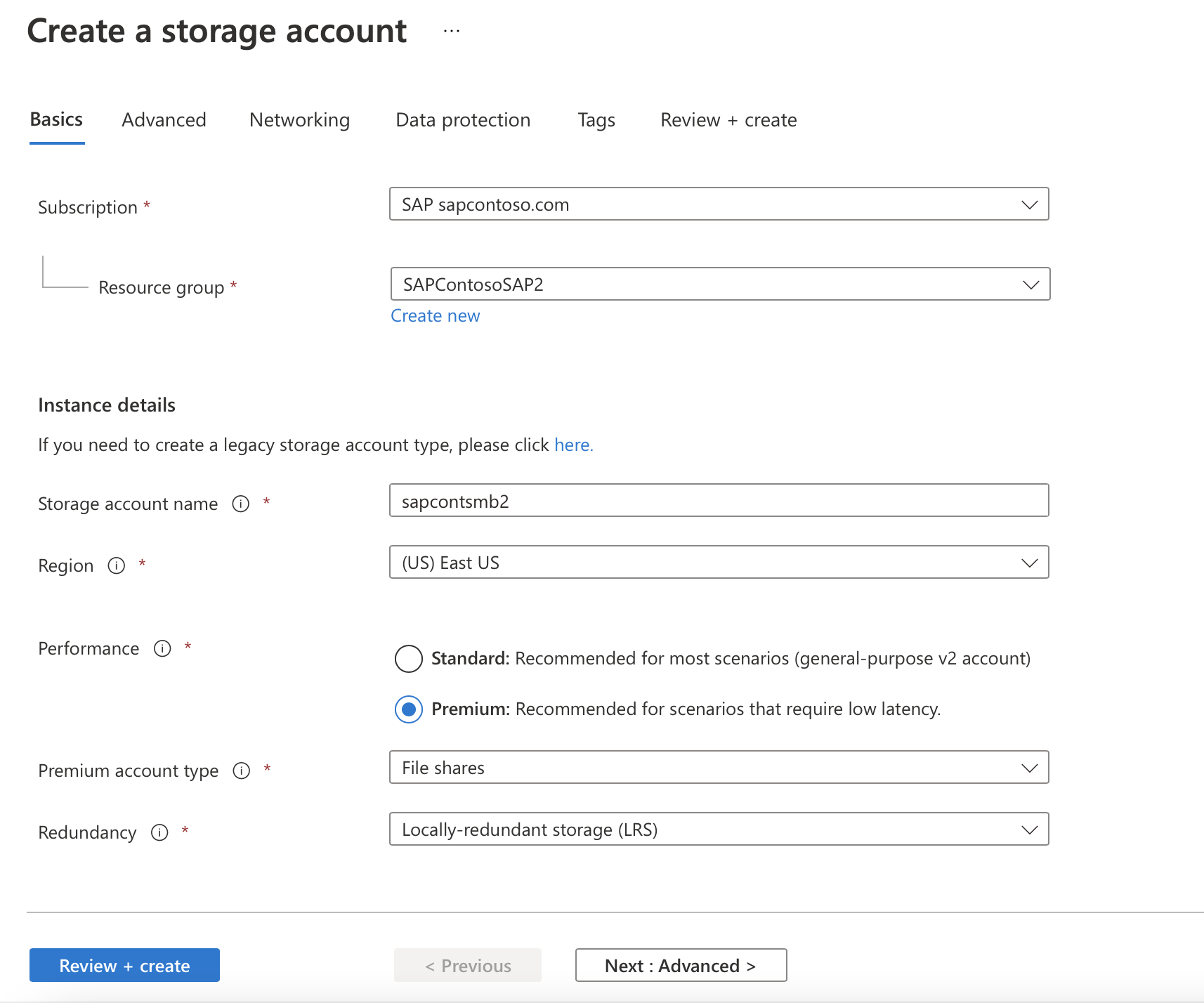 Screenshot of the Azure portal that shows basic information for creating a storage account.
