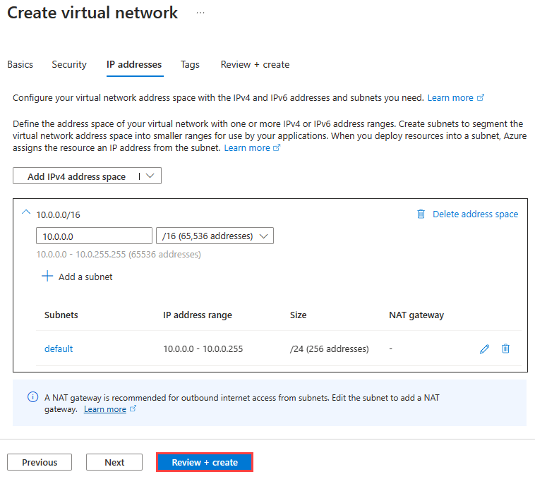 Screenshot der IP-Adressinformationen für die Erstellung eines virtuellen Netzwerks.