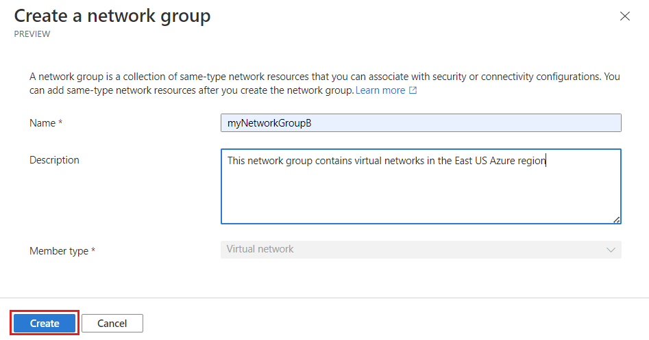 Screenshot: Registerkarte „Grundlagen“ auf der Seite „Netzwerkgruppe erstellen“.