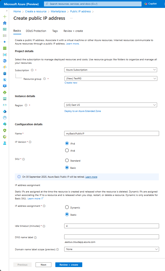 Screenshot: Einstellungen für eine Basic-SKU auf der Registerkarte „Grundlagen“ des Bildschirms „Öffentliche IP-Adresse erstellen“
