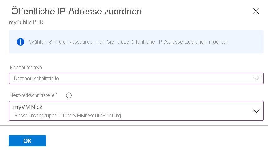 Screenshot: Auswählen der Ressource, die der öffentlichen IP-Adresse zugeordnet werden soll.