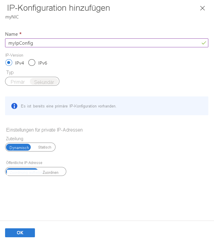 Screenshot of Add I P configuration page in Azure portal.