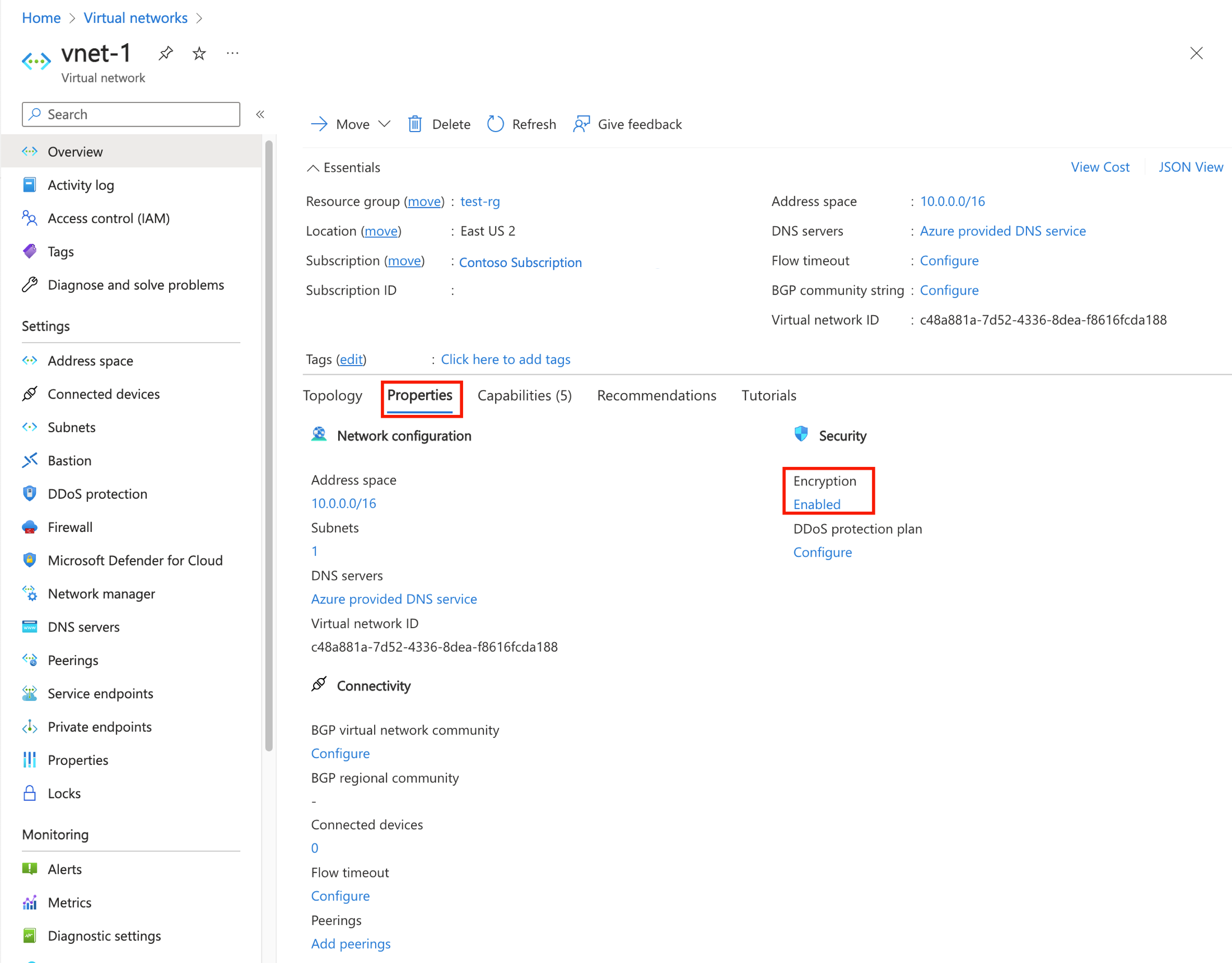 Screenshot of properties of the virtual network with encryption enabled.