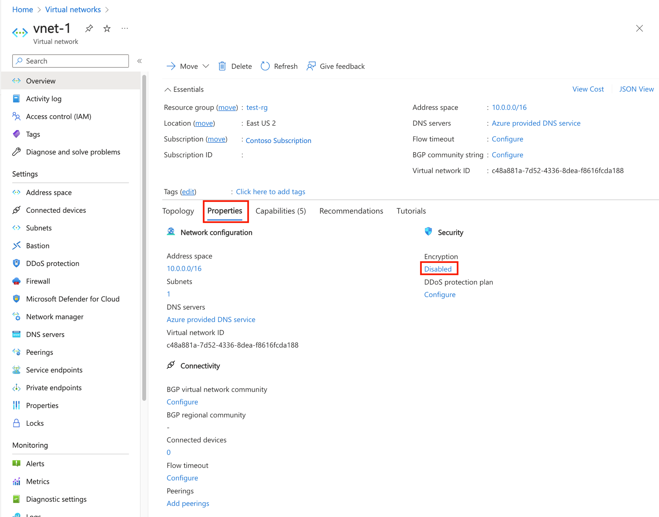 Screenshot of properties of the virtual network.