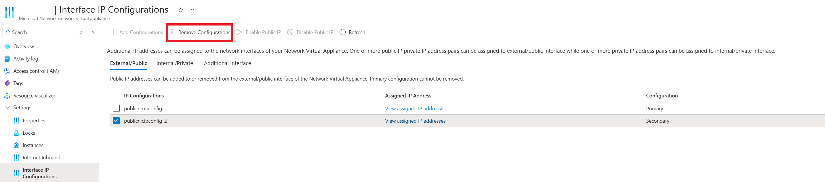 Screenshot, der zeigt, wie NVA-IP-Konfigurationen gelöscht werden.