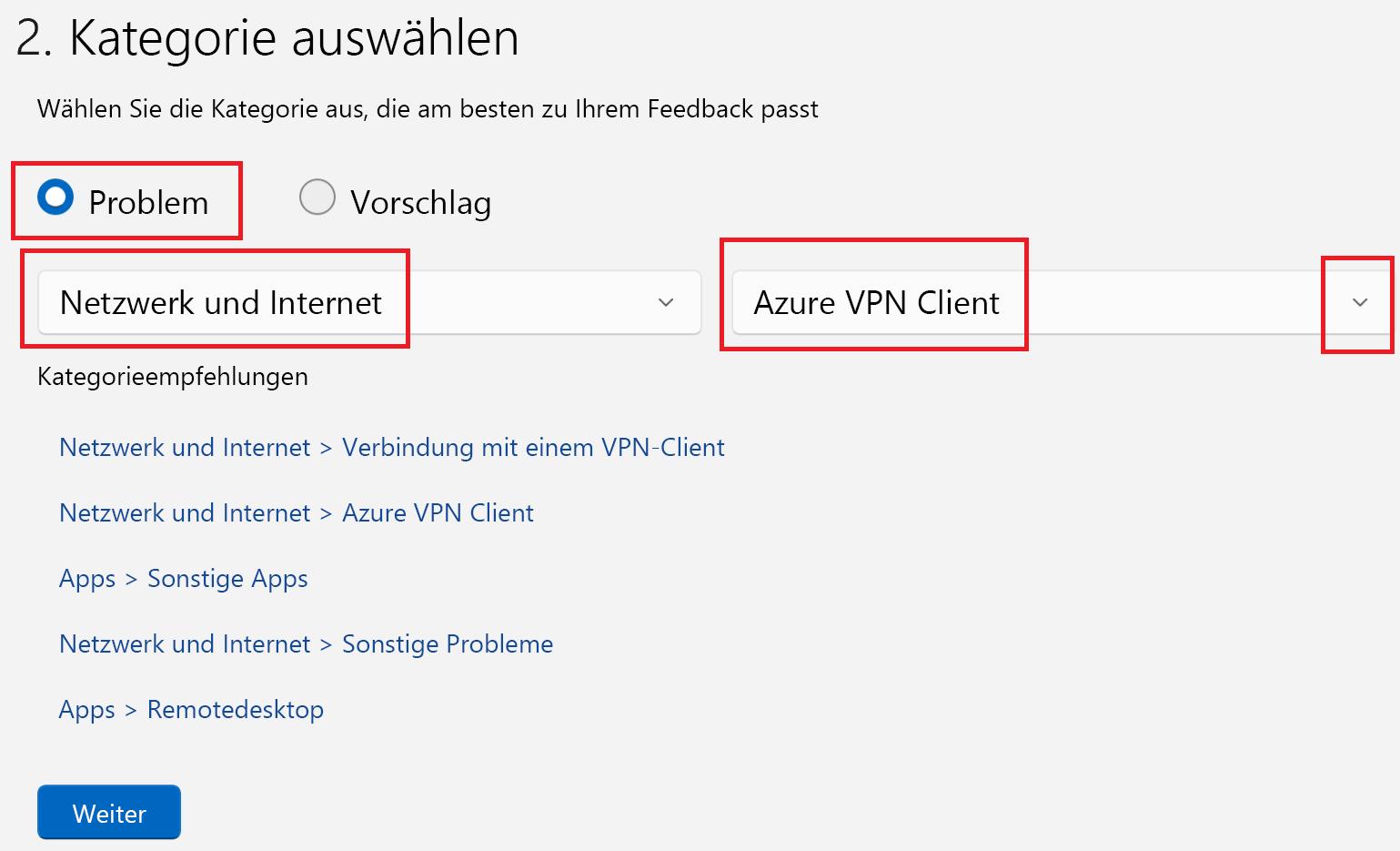 Screenshot zeigt die Seite „Kategorie auswählen“.
