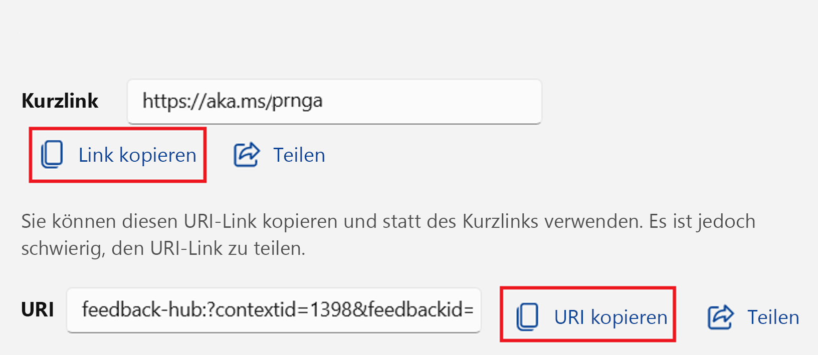 Screenshot zeigt die zu kopierenden Problemlinks.